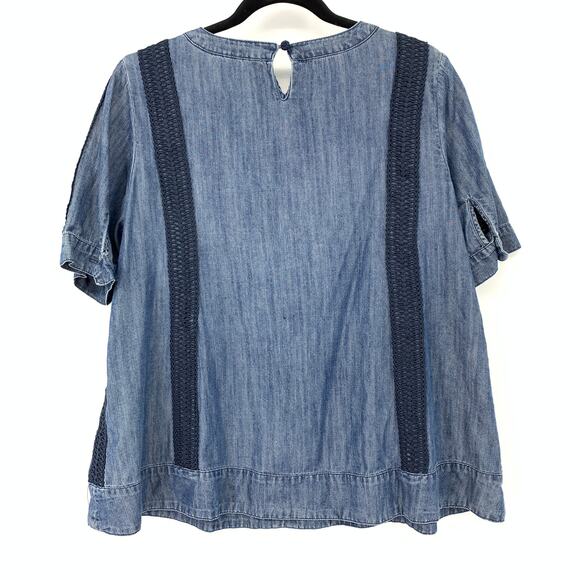 Soft Surroundings Chambray Crochet Stripe Blouse Womens Sz M Short Sleeve Blue - Picture 2 of 6